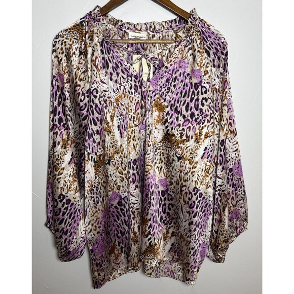 EE:Some Animal Print Shirt Bubble Sleeve Ruffle Collar Women's Size Large NWT - Picture 1 of 12
